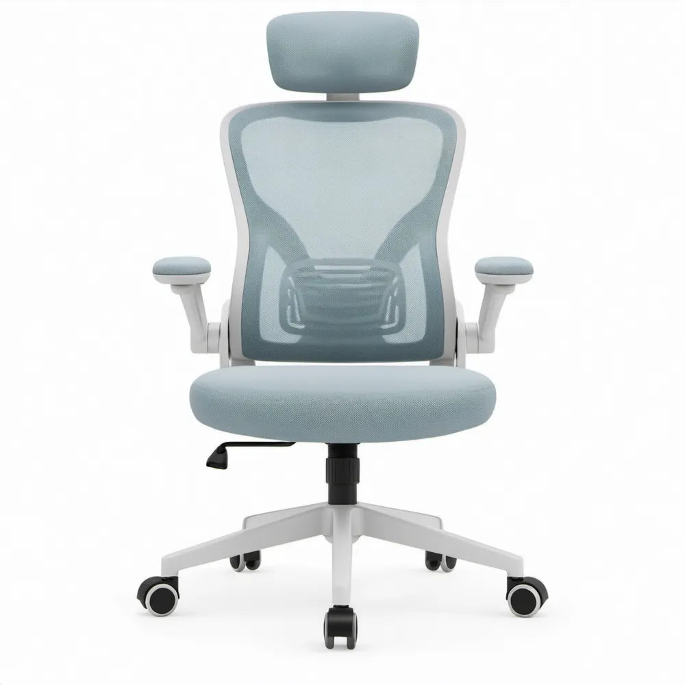 Ergonomische bureaustoel met hoofdsteun en lendensteun, lichtblauw/wit/zwart, 64 x 64 x 116-126 cm