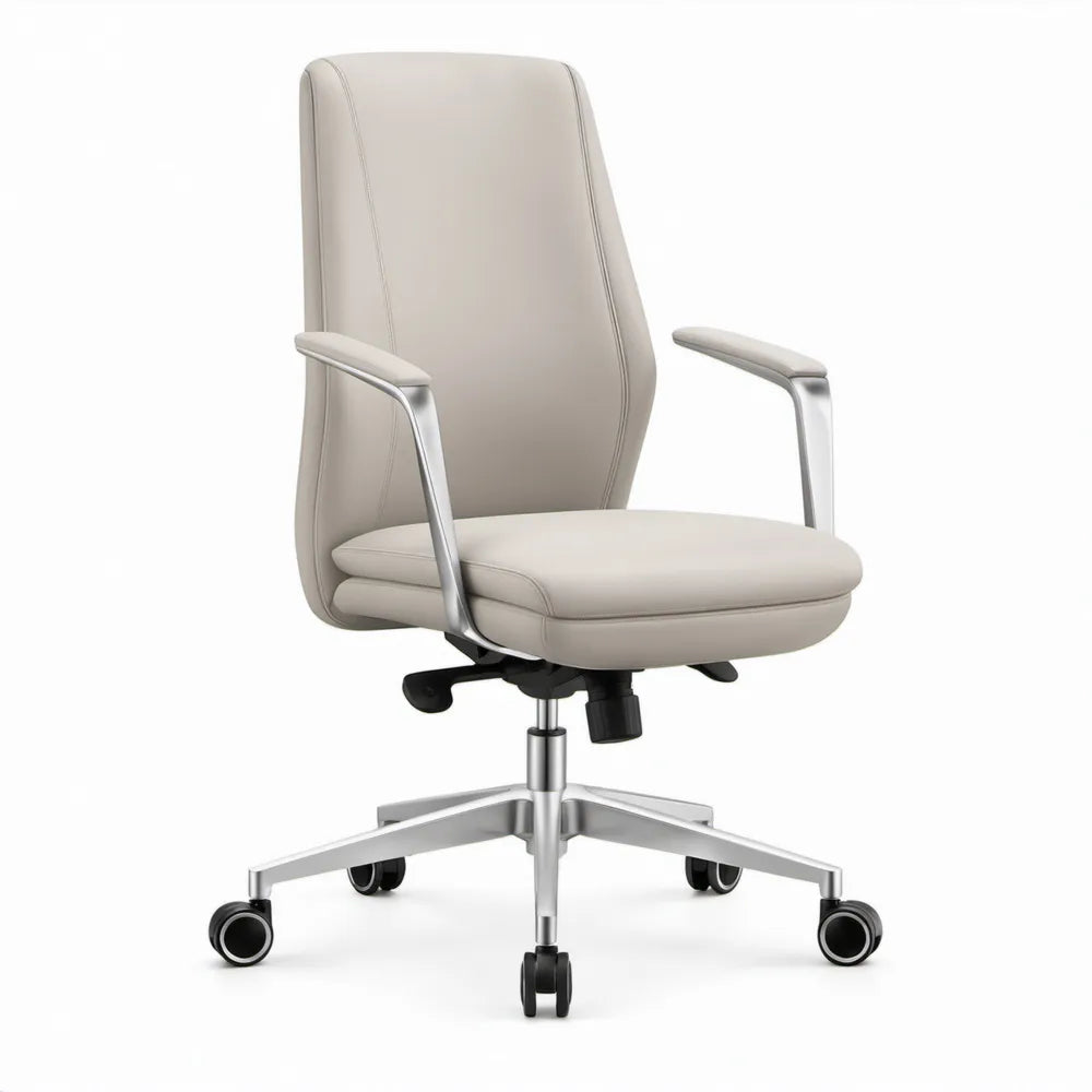 Beige directiebureaustoel met hoge rugleuning en armleuningen, 68 x 68 x 112-122 cm