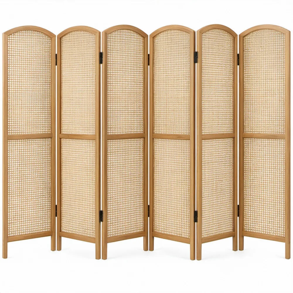 6-delig kamerscherm van paulowniahout en rotan, 240 x 170 x 2 cm, naturel lichtbruin