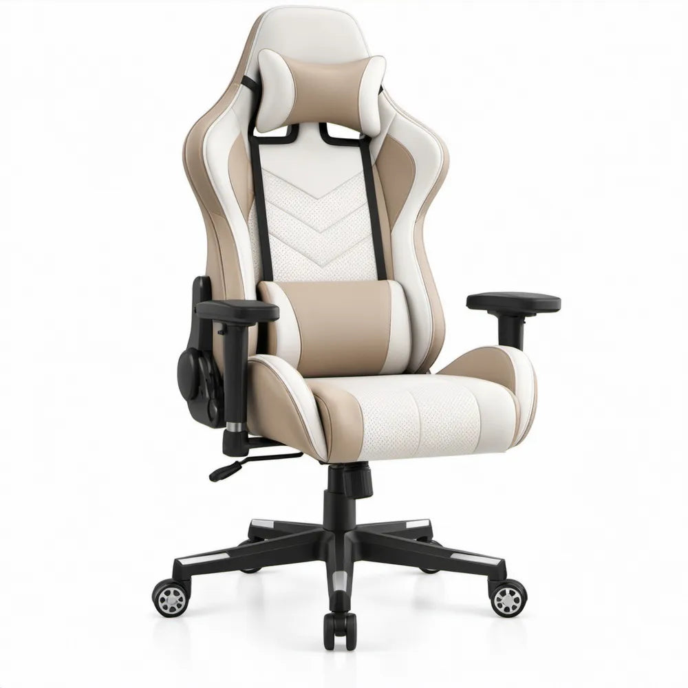 Ergonomische gamingbureaustoel met verstelbare rugleuning en armleuningen, wit/taupe/zwart, 120-130 x 70 x 70 cm