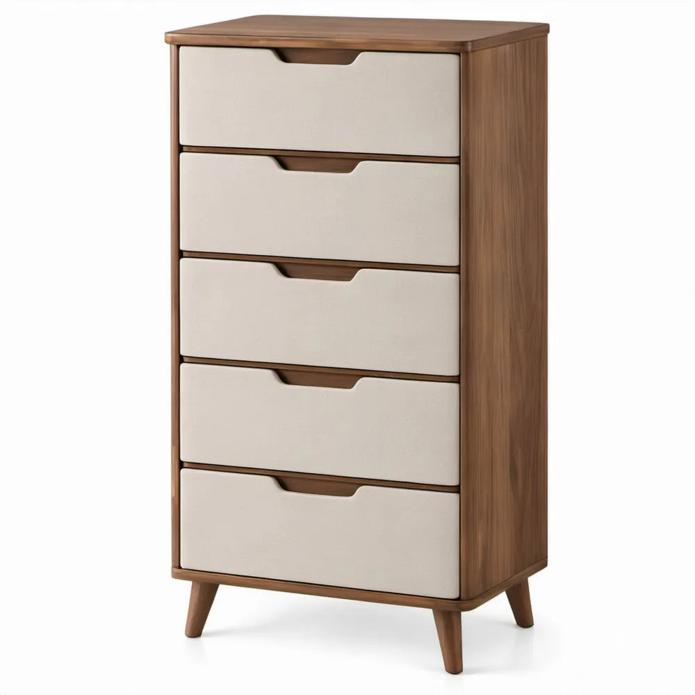 Ladekast met 5 laden, 80 x 45 x 120 cm, notenbruin en crème, MDF met notenfineer