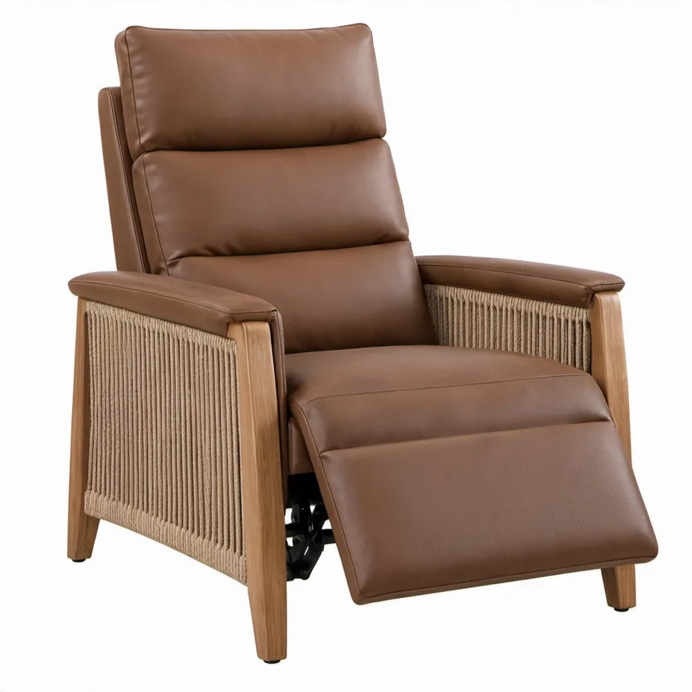 Handmatig verstelbare relaxfauteuil van cognacbruin PU-kunstleer met rubberhouten frame, 84 x 89 x 103 cm