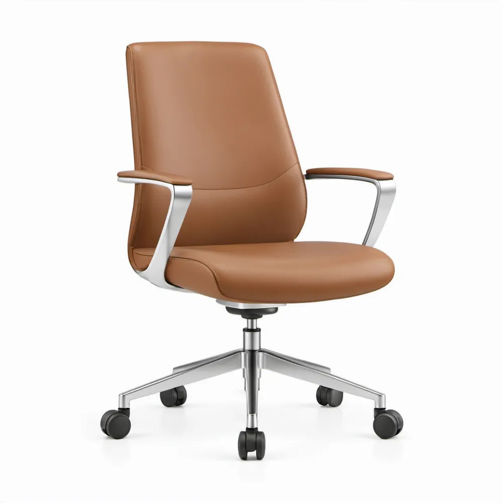 Cognackleurige draaistoel met armleuningen, wielen en hoogteverstelling 64 x 62 x 102-112 cm