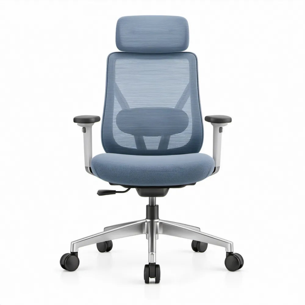Ergonomische bureaustoel met verstelbare hoofdsteun en armleuningen, blauw/grijs/zwart, 64 x 64 x 118-128 cm