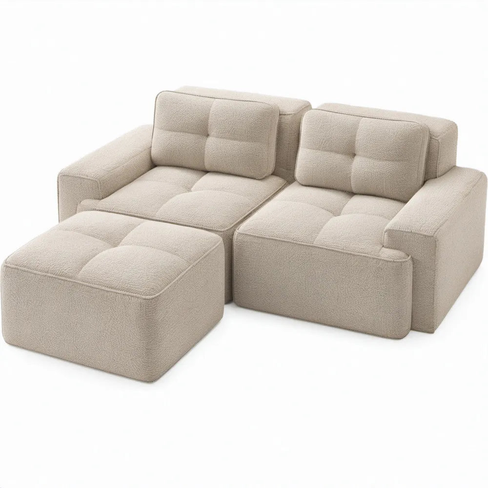 Modulaire 2-zitsbank met voetenbank, crèmekleurig bouclé, 200 x 100 x 78 cm