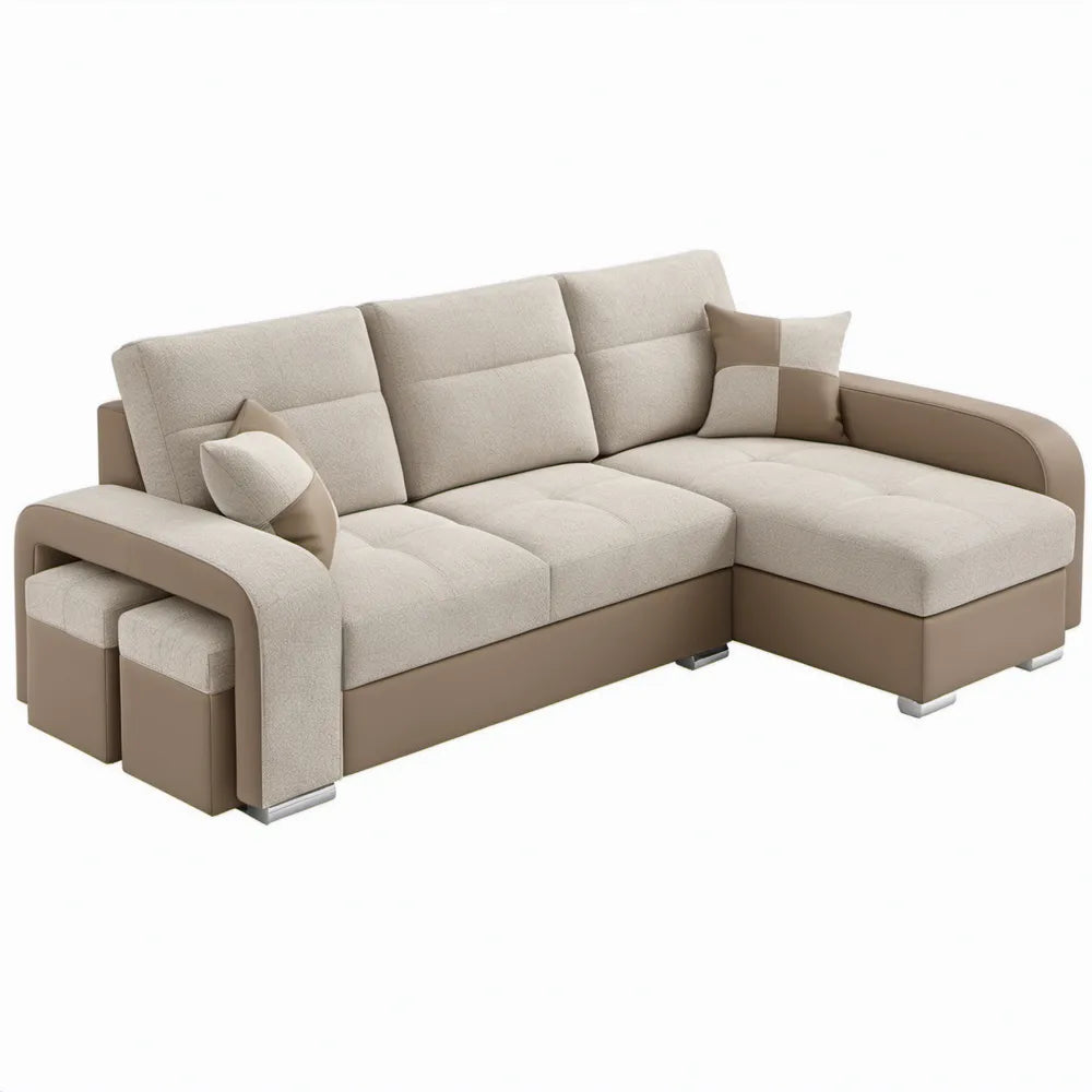 Beige/Taupe hoekbank met rechter chaise longue, 2 poefs en kussens – 260 x 160 x 88 cm
