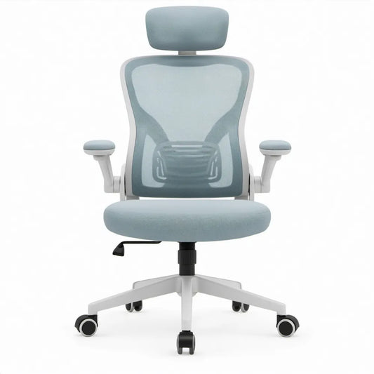 Ergonomische bureaustoel met hoofdsteun en lendensteun, lichtblauw/wit/zwart, 64 x 64 x 116-126 cm
