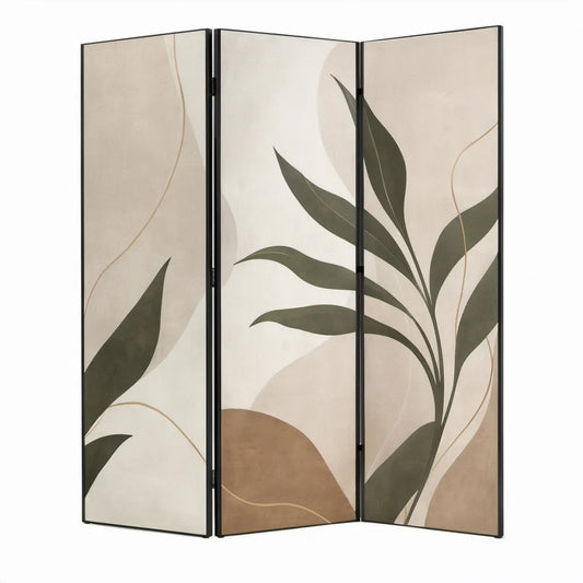 Kamerscherm met 3 panelen, 120 x 180 cm, beige, crème, groen en bruin, polyester met zwart stalen frame