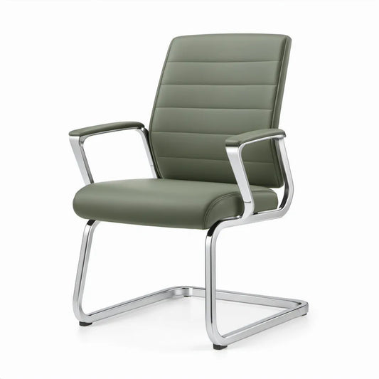 Olijfgroene vergaderstoel met armleuningen, kunstleren bekleding en verchroomd sledeframe, 58 x 64 x 99 cm