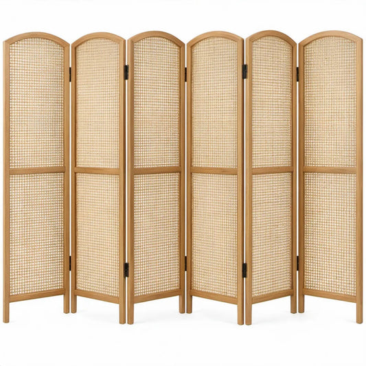 6-delig kamerscherm van paulowniahout en rotan, 240 x 170 x 2 cm, naturel lichtbruin