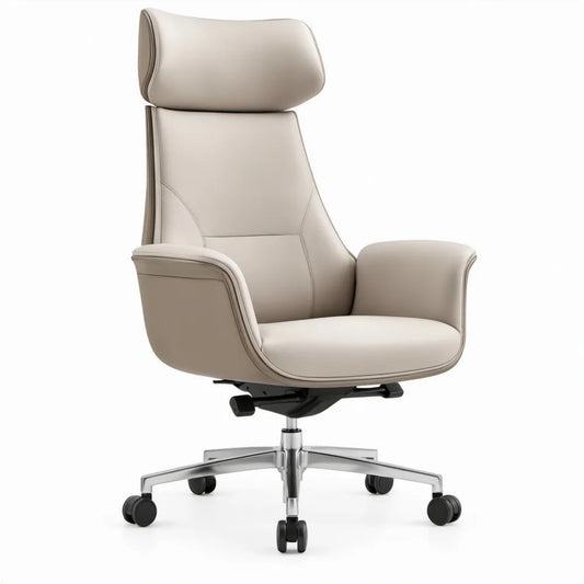 Ergonomische verstelbare directiestoel met hoge rugleuning van beige PU-kunstleer, 68 x 68 x 118-128 cm