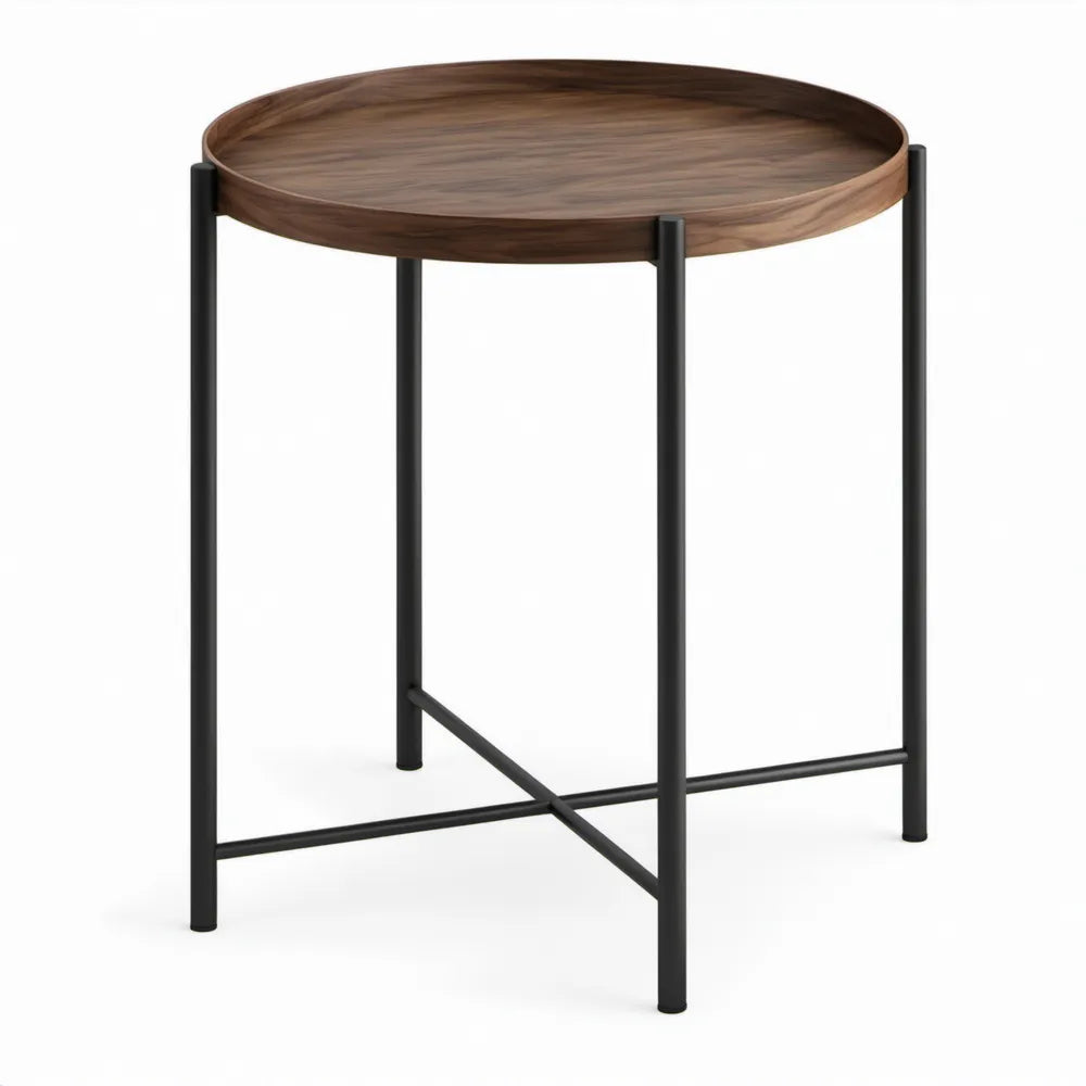 Ronde bijzettafel met dienblad, Ø 45 x H 55 cm, walnootbruin/zwart