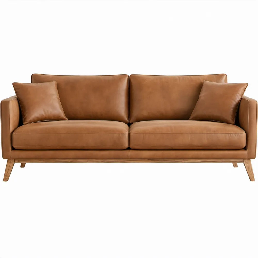2-zitsbank van cognackleurig PU-leer met rubberhouten poten, 210 x 88 x 86 cm