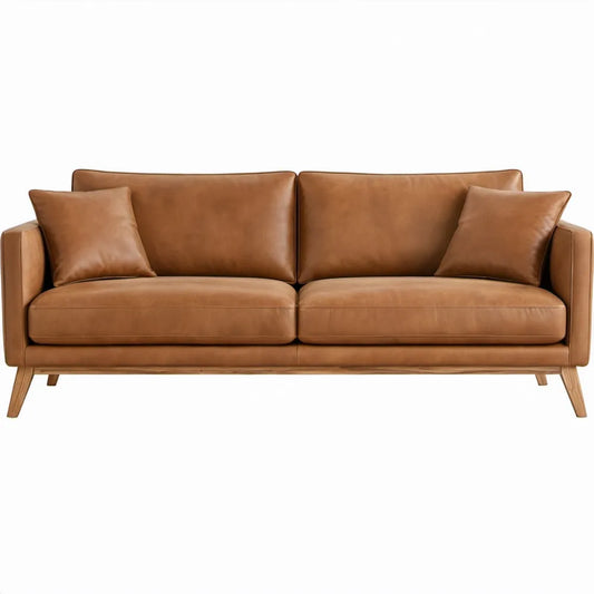 2-zitsbank van cognackleurig PU-leer met rubberhouten poten, 210 x 88 x 86 cm