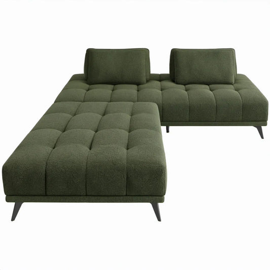 L-vormige hoekbank met chaise longue, 250 x 160 x 82 cm, olijfgroen polyester bouclé