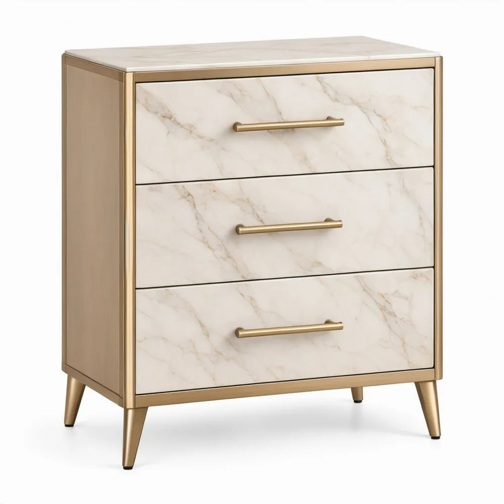 Ladekast met 3 lades, 80 x 40 x 90 cm, wit met beige marmerlook en goudkleurige details