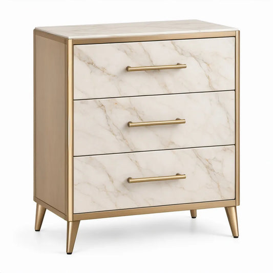 Ladekast met 3 lades, 80 x 40 x 90 cm, wit met beige marmerlook en goudkleurige details