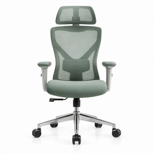 Ergonomische bureaustoel grijsgroen met hoofdsteun, verstelbare armleuningen en lendensteun, 66 x 66 x 116-126 cm
