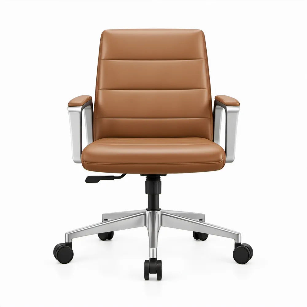 Cognacbruine directiestoel van PU-kunstleer met aluminium onderstel, 65 x 65 x 110-120 cm