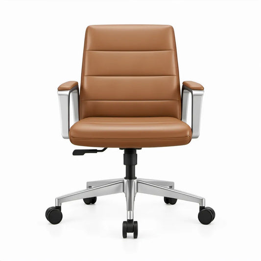 Cognacbruine directiestoel van PU-kunstleer met aluminium onderstel, 65 x 65 x 110-120 cm