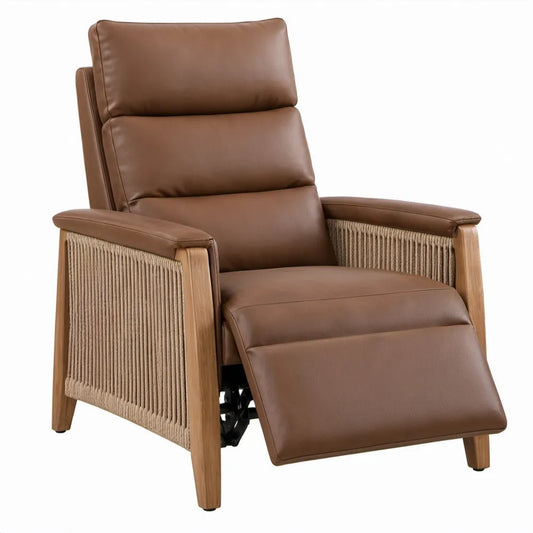 Handmatig verstelbare relaxfauteuil van cognacbruin PU-kunstleer met rubberhouten frame, 84 x 89 x 103 cm