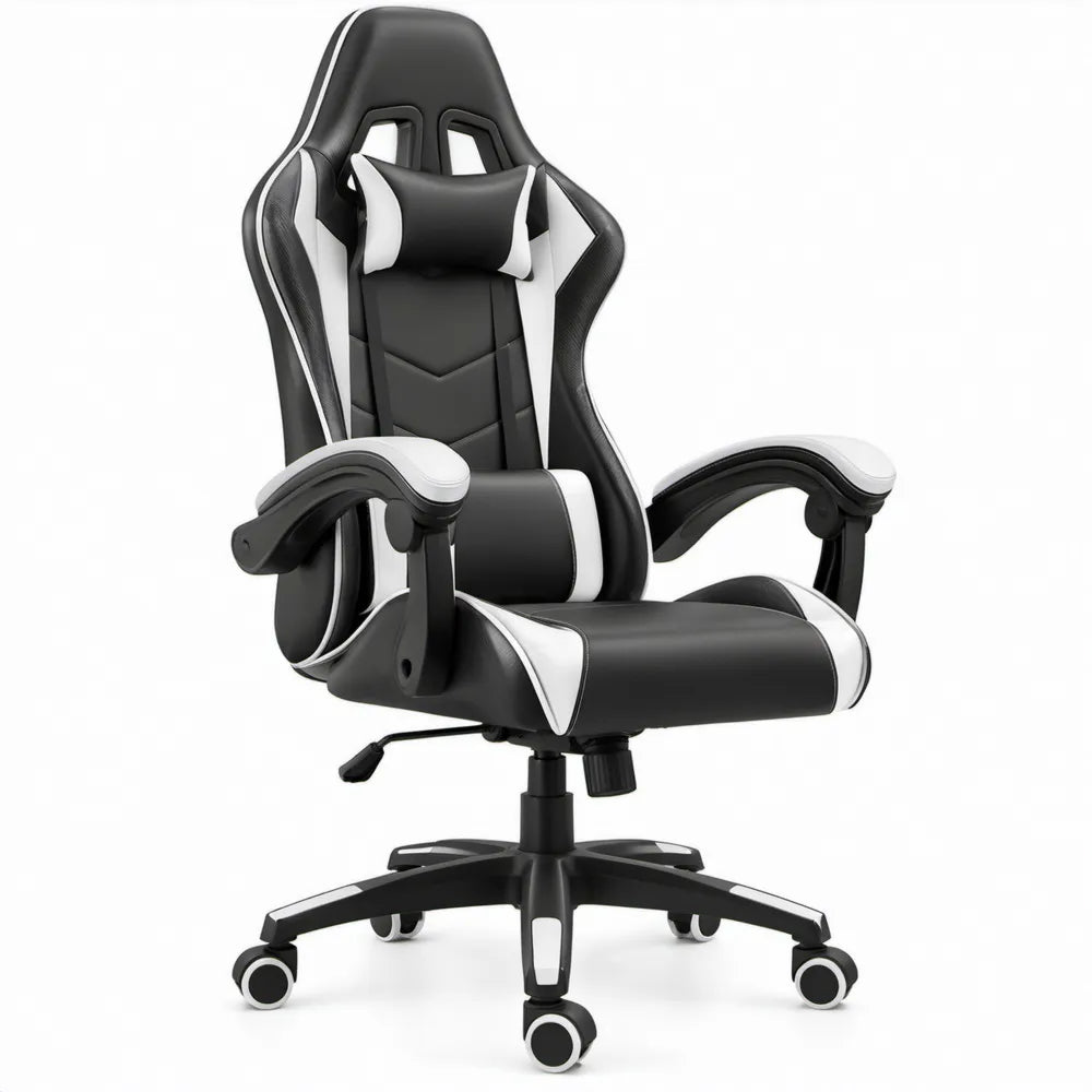 Verstelbare gamingstoel van PU-kunstleer zwart/wit met hoofd- en nekkussen, 66 x 66 x 123-133 cm