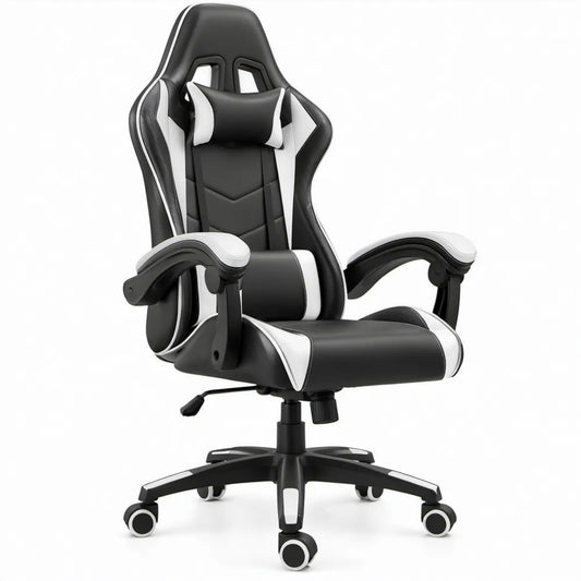 Verstelbare gamingstoel van PU-kunstleer zwart/wit met hoofd- en nekkussen, 66 x 66 x 123-133 cm