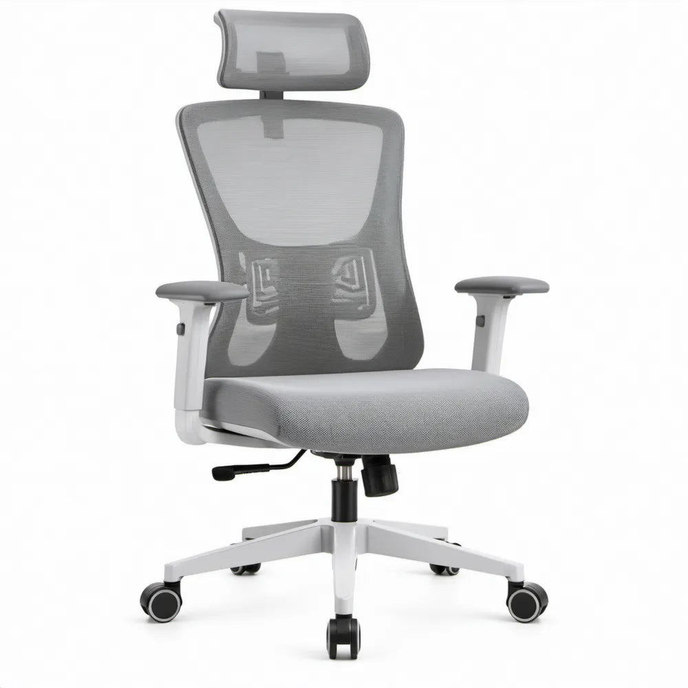 Ergonomische bureaustoel met hoofdsteun, grijs/wit/zwart, 64 x 64 x 116-126 cm