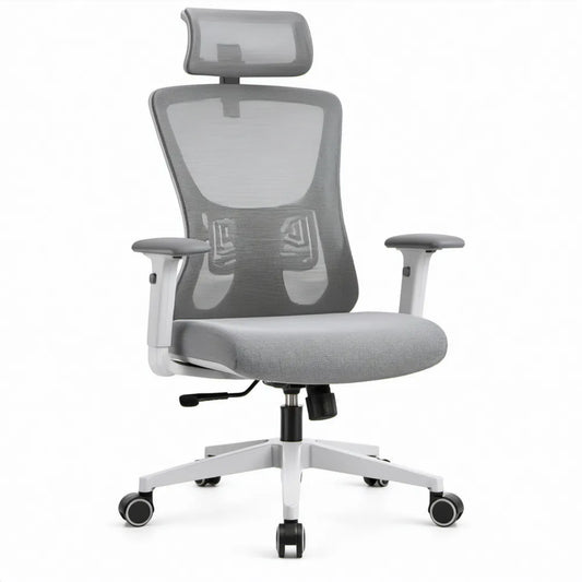 Ergonomische bureaustoel met hoofdsteun, grijs/wit/zwart, 64 x 64 x 116-126 cm