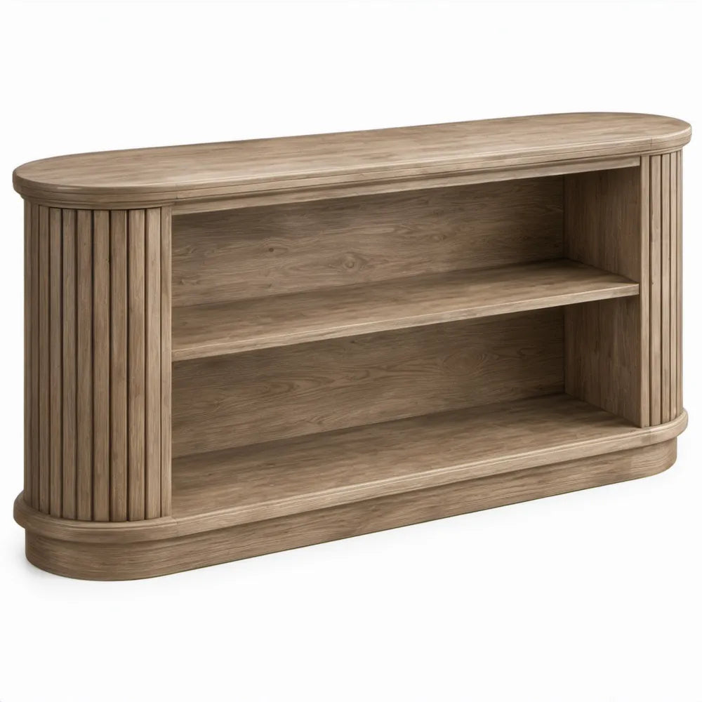 Ovale sidetable met 2 open planken, lichtbruin eikenfineer en MDF, 120 x 40 x 75 cm