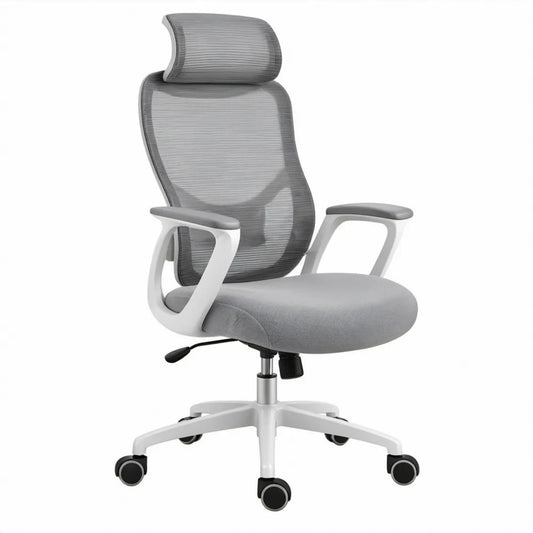 Ergonomische bureaustoel met hoofdsteun, armleuningen en wielen, grijs/wit, 64 x 64 x 117-127 cm