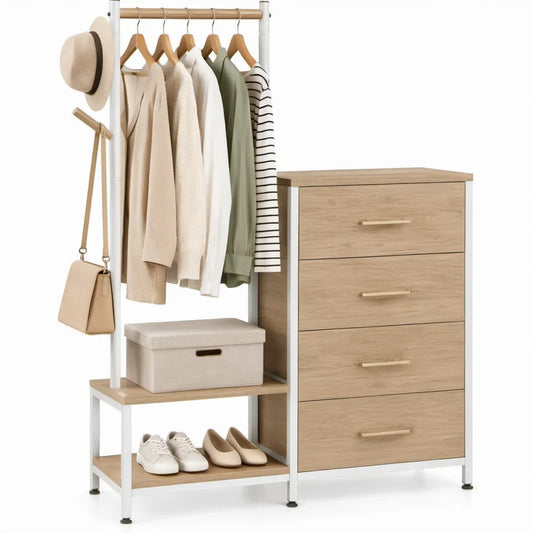 Opbergcombinatie met 4 laden en kledingroede 120 x 40 x 170 cm naturel eiken/wit