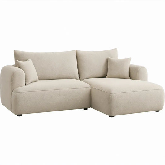 Crèmekleurige bouclé hoekbank met chaise longue rechts, 220 x 150 x 80 cm
