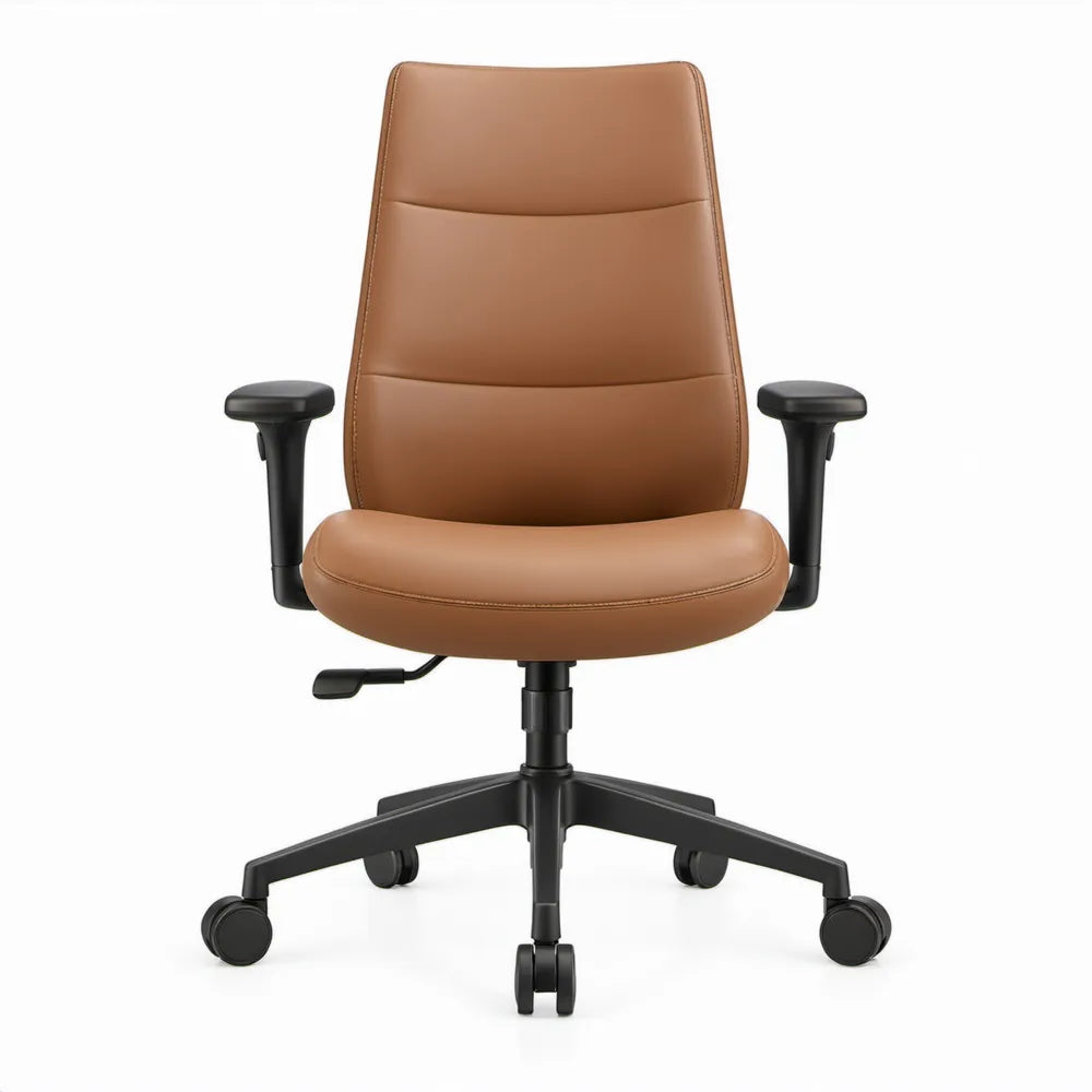 Bruine bureaustoel van PU-kunstleer met hoge rugleuning, verstelbare armleuningen en zwart onderstel, 64 x 64 x 110-120 cm