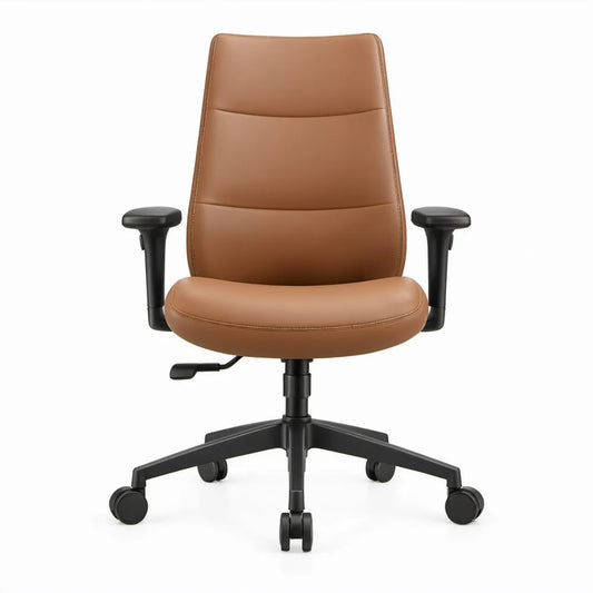 Bruine bureaustoel van PU-kunstleer met hoge rugleuning, verstelbare armleuningen en zwart onderstel, 64 x 64 x 110-120 cm