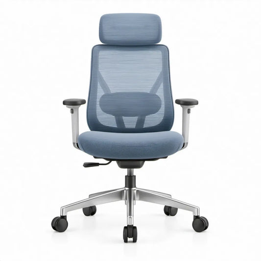 Ergonomische bureaustoel met verstelbare hoofdsteun en armleuningen, blauw/grijs/zwart, 64 x 64 x 118-128 cm